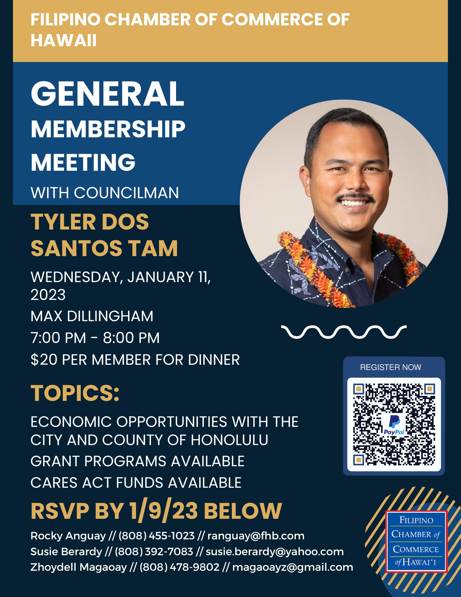 January 2023 General Membership Meeting flyer with Councilman Tyler Dos Santos Tam