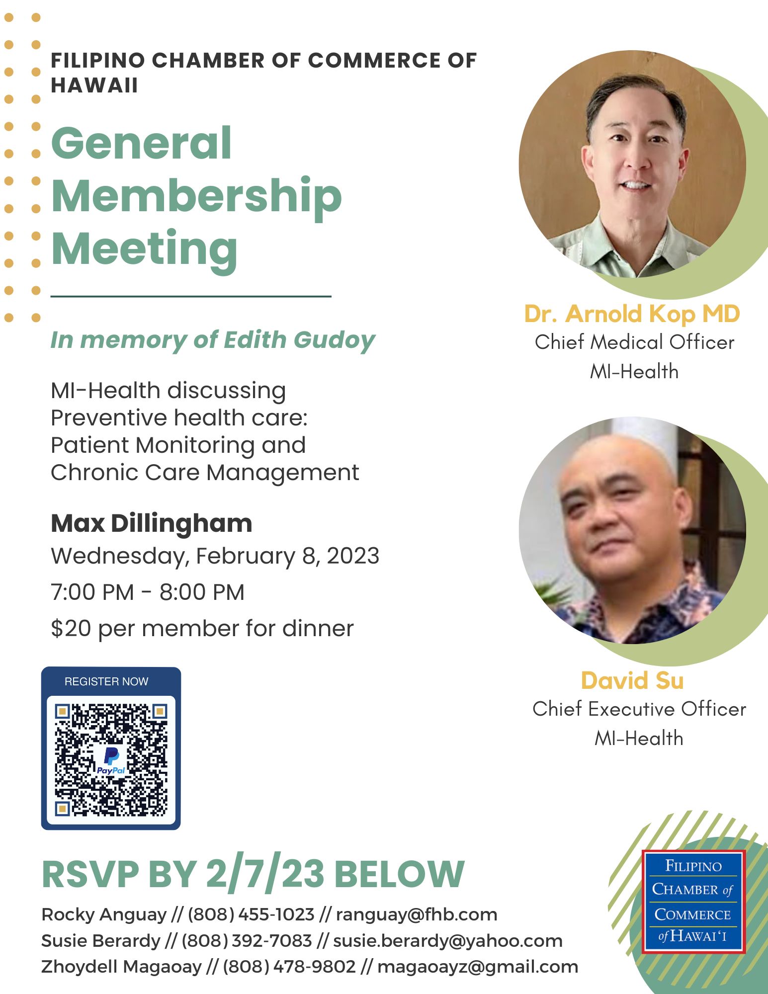 flyer of the February 2023 general membership meeting with Dr. Arnold Kop and David Su